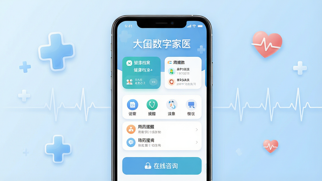 主体为一部智能手机居中展示,屏幕上呈现“大白数字家医”应用主界面,布局包含健康档案卡片、用药提醒列表与在线咨询入口;背景为柔和浅蓝渐变,点缀简约医疗十字与心率波形元素;排版采用上下结构,上方为应用名称“大白数字家医”文字,下方为功能图标阵列;风格为清爽科技医疗风;细节包含圆角图标、柔和阴影、干净留白;画质为高清2K,干净无多余元素。