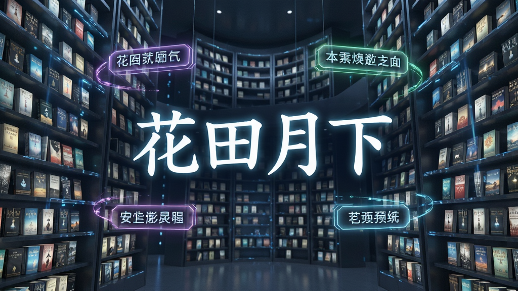 一个巨大的虚拟图书馆,书架上摆满发光的小说书籍,中央悬浮着“花田月下”四个大字,周围环绕分类标签,风格现代科技感,细节丰富,画质高清,干净无多余元素