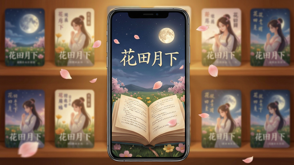 手机屏幕显示花田月下小说阅读界面,暖色调背景,书架上排列多本小说封面,中心为一本翻开的书籍,周围有花瓣飘落,风格清新唯美,细节精致,画质清晰,干净无多余元素,画面中文字为“花田月下”