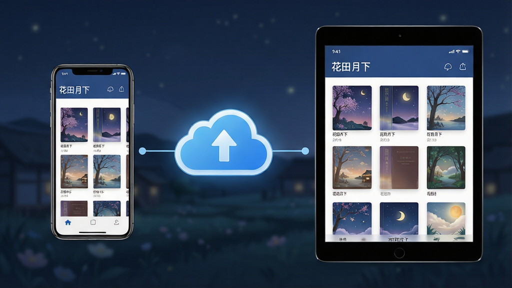云端同步概念图,手机与平板之间通过云朵图标连接,屏幕上显示“花田月下”书架界面,风格简约商务,细节清晰,画质高清