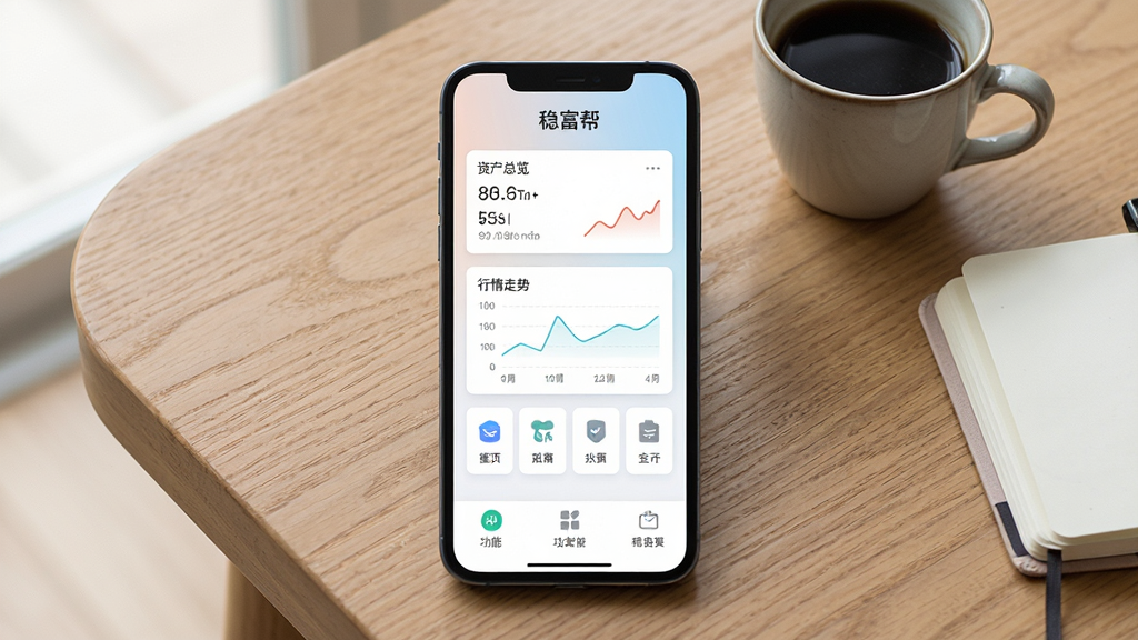 一张展示智能手机屏幕的图片,屏幕上显示着稳富帮软件的首页界面,界面中包含资产总览卡片、行情走势小图表和功能入口图标,背景是简洁的浅色渐变,手机放置在木质桌面上,旁边有一杯咖啡和一本笔记本,整体风格现代商务、干净清爽,画质高清,无多余元素,图片中文字标注