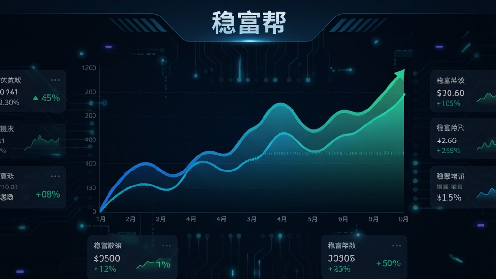 一张金融数据可视化图表的图片,画面中央是一个大型的折线走势图,线条颜色为蓝绿渐变,图表背景为深色科技感风格,四周环绕着多个小型数据卡片显示数字和百分比,顶部有