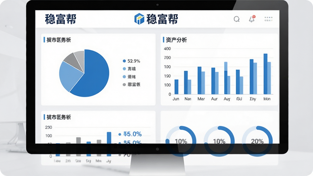 一张展示资产分析仪表盘界面的图片,画面中有饼状图、柱状图和环形进度条等多种图表元素,配色以蓝色和白色为主,界面干净整洁,屏幕上方显示