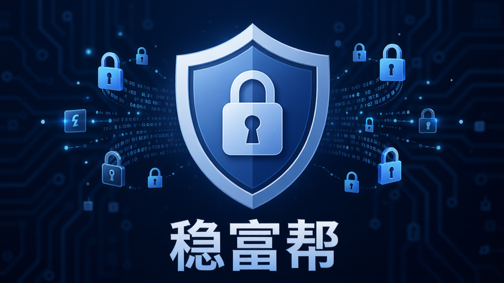 一张展示安全防护概念的图片,画面中央是一个盾牌图标,盾牌上有锁形图案,周围环绕着数据流和加密符号,背景为深蓝色科技风格,盾牌下方显示