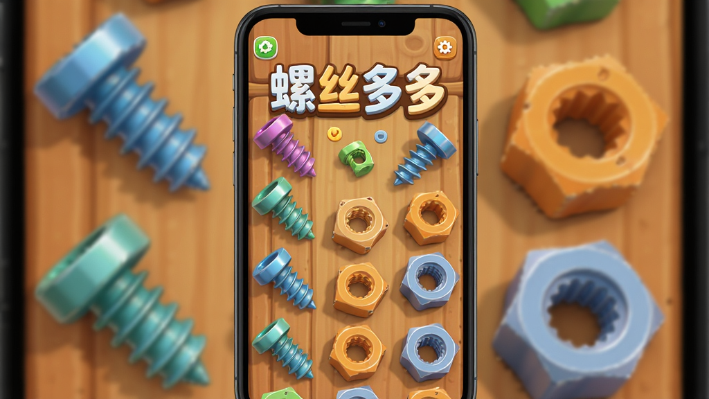 画面主体是一部智能手机,屏幕上显示“螺丝多多”游戏界面,界面中有各种颜色的螺丝和螺母,布局为竖屏手机展示,排版居中,风格为3D卡通休闲游戏风格,细节包括螺丝纹理、金属光泽、木质背景,画质高清,干净,无多余元素