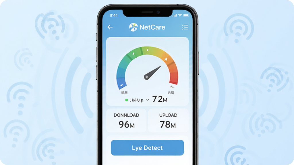 һ��չʾ�����ֻ���Ļ��ͼƬ����Ļ������ʾ NetCare Ӧ�õ������棬������������ź�ǿ���Ǳ��̡��ӳ���ֵ�������ϴ��ٶ��Լ�һ����ⰴť���ֻ������Ǽ�Լ��ǳ��ɫ�Ƽ��н��䣬��Χ������΢���������źŲ���ͼ�ꡣ������Ϊ�ִ���ƽ��UI��ƣ�ϸ�����������ʸɾ����޶���Ԫ�أ��ʺ���Ϊ��������ҳԤ��ͼ