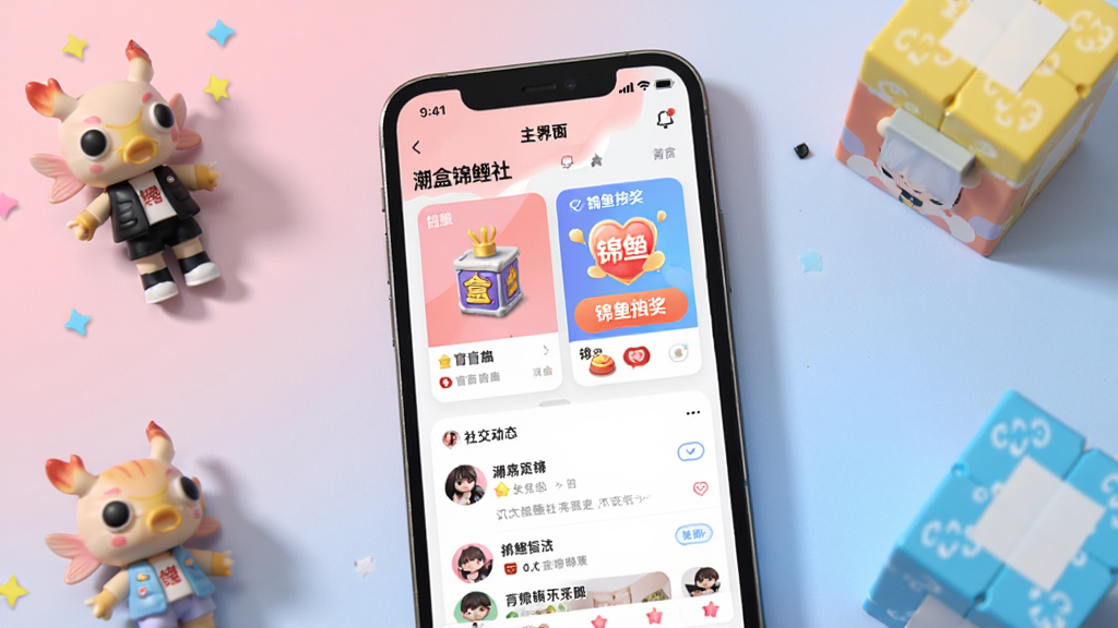 潮盒锦鲤社应用主界面展示图,画面中央放置一部智能手机,屏幕显示潮盒锦鲤社App首页,页面包含盲盒商品卡片、锦鲤抽奖入口、社交动态流等模块,手机周围散落迷你潮玩手办和彩色盲盒作为装饰,背景为柔和的渐变粉蓝色调,整体风格清新活泼、年轻化,细节丰富,画质清晰,干净无多余元素