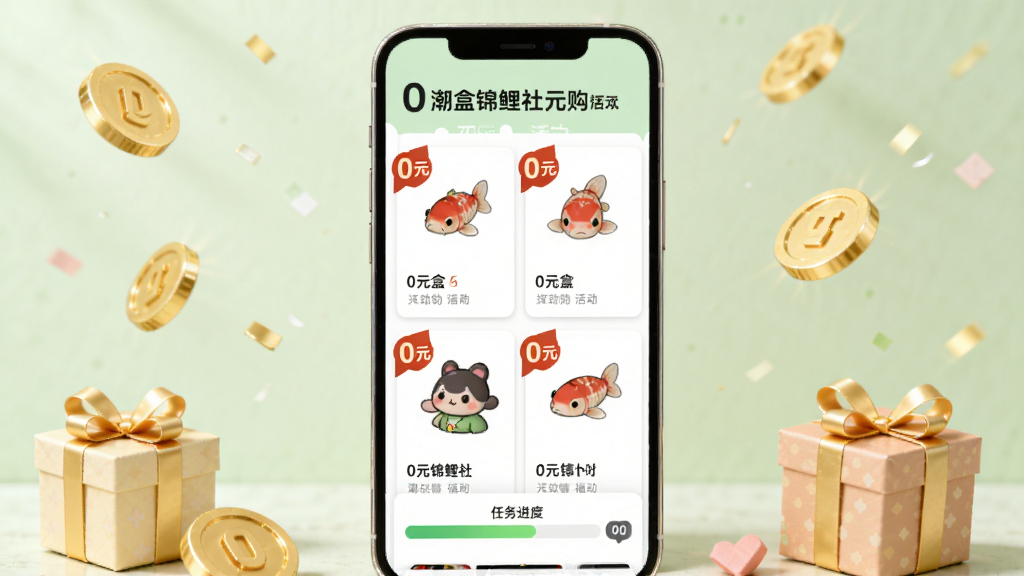 潮盒锦鲤社0元购福利专区页面展示图,手机屏幕显示0元购活动列表,每个商品卡片上标注醒目的0元标签和商品图片,页面底部有任务进度条,手机周围散落金币和礼品盒装饰,背景为柔和的浅绿色调,风格清新实惠,画质清晰,干净简洁