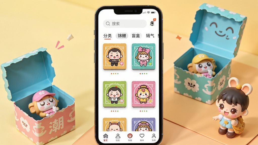 潮盒锦鲤社盲盒商城页面展示图,画面主体为手机屏幕特写,屏幕内呈现多排色彩缤纷的盲盒商品陈列,每个盲盒封面印有不同卡通形象,页面顶部有搜索栏和分类标签,底部有导航菜单,手机旁边放置几个拆开的盲盒和可爱的手办模型,背景为浅黄色到浅橙色的暖色渐变,风格明快活泼,画质细腻,干净整洁