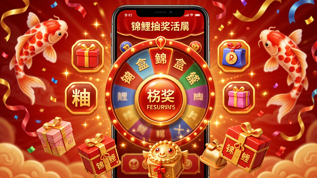 潮盒锦鲤社锦鲤抽奖活动页面展示图,画面中央为手机屏幕,显示一个大型幸运转盘或抽奖按钮,周围环绕着奖品图标和闪烁的光效,页面背景有锦鲤图案和彩带装饰,手机下方漂浮着几个精美奖品模型,整体色调为喜庆的红金色,风格热烈欢快,细节精致,画质高清,无杂乱元素
