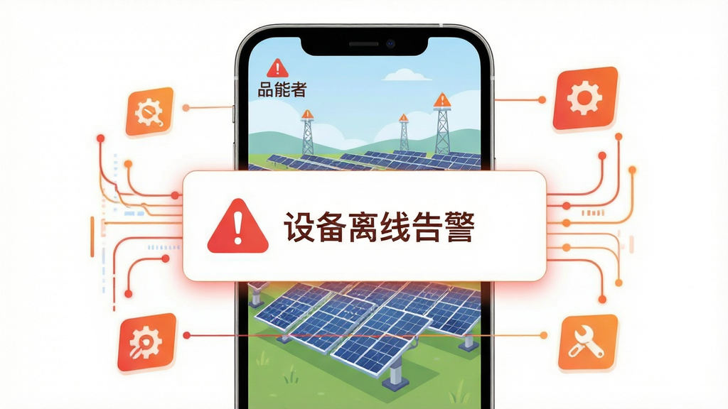 画面中央一部手机弹出告警通知卡片,卡片内显示红色感叹号图标和“设备离线告警”文字,手机背景为光伏电站场景,周围环绕数据流线条和诊断工具图标,布局为手机居中、通知卡片放大展示,风格为扁平化插画,细节包括红色与橙色警示色调、干净白色背景、简洁图标,画质高清,无多余元素,图片中标注“品能者”