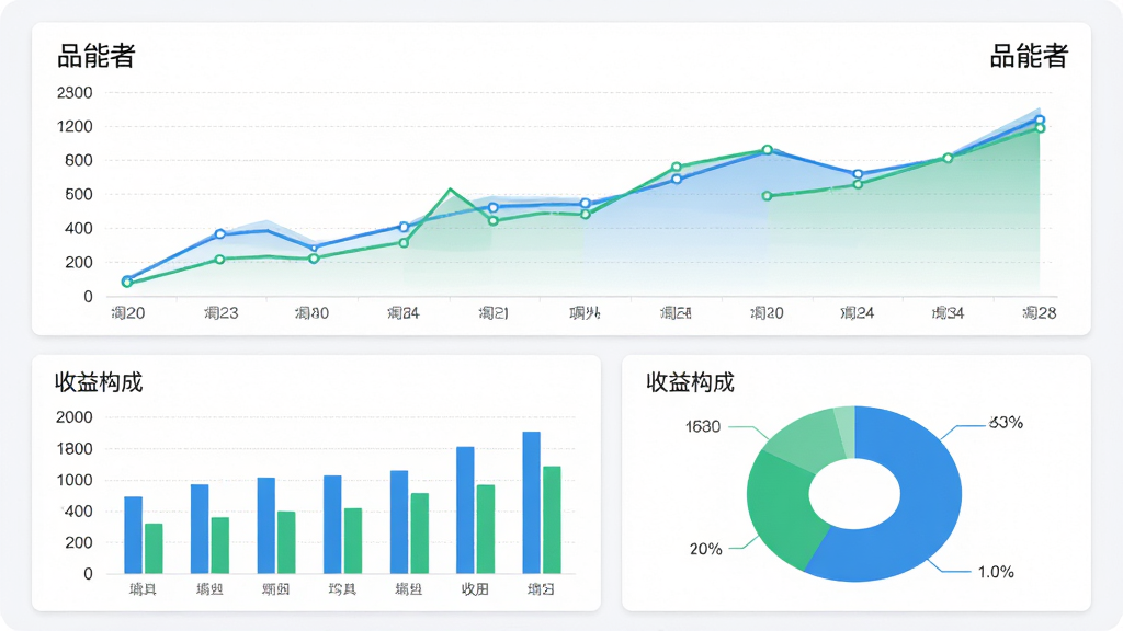 画面主体为一份数据报表界面,包含折线图、柱状图、饼图三种图表组合,展示发电量趋势和收益构成,布局采用上下分区,上方为折线图,下方左侧柱状图右侧饼图,风格为清新商务扁平化,细节包括蓝绿配色、白色卡片背景、细网格线,画质高清,干净整洁,无多余元素,图表旁标注“品能者”