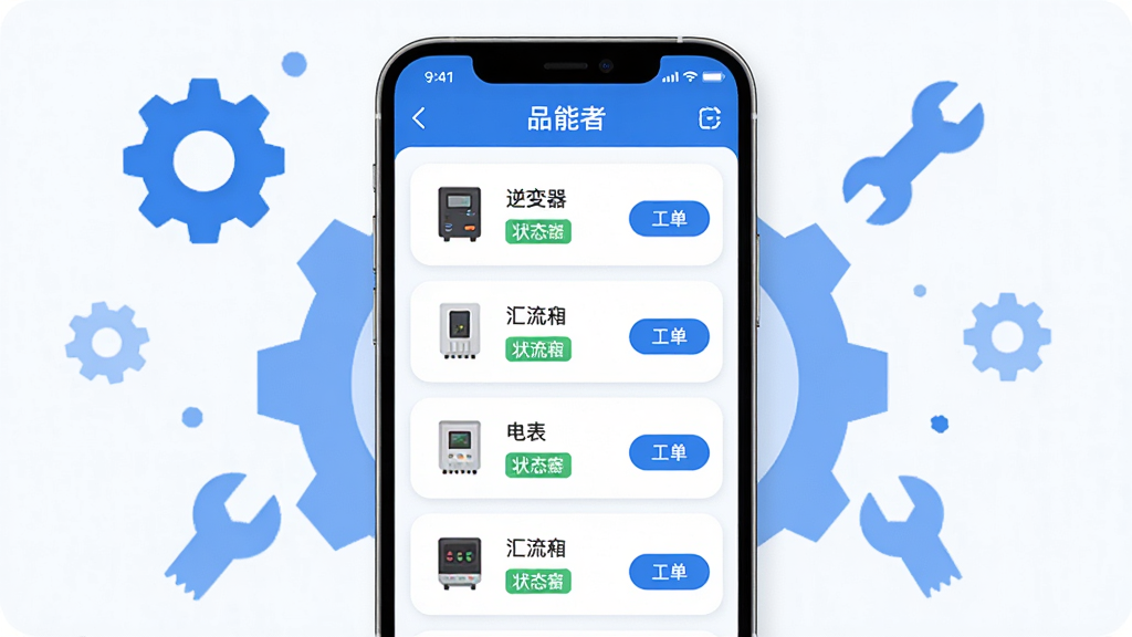 画面中央一部手机展示设备管理列表界面,列表项包含逆变器、汇流箱、电表等设备图标和状态标签,右侧有工单创建按钮,布局为手机居中、周围环绕齿轮和扳手工具图标,风格为现代简约扁平化,细节包括蓝色主色调、白色背景、圆角卡片,画质高清,无多余元素,界面顶部标注“品能者”