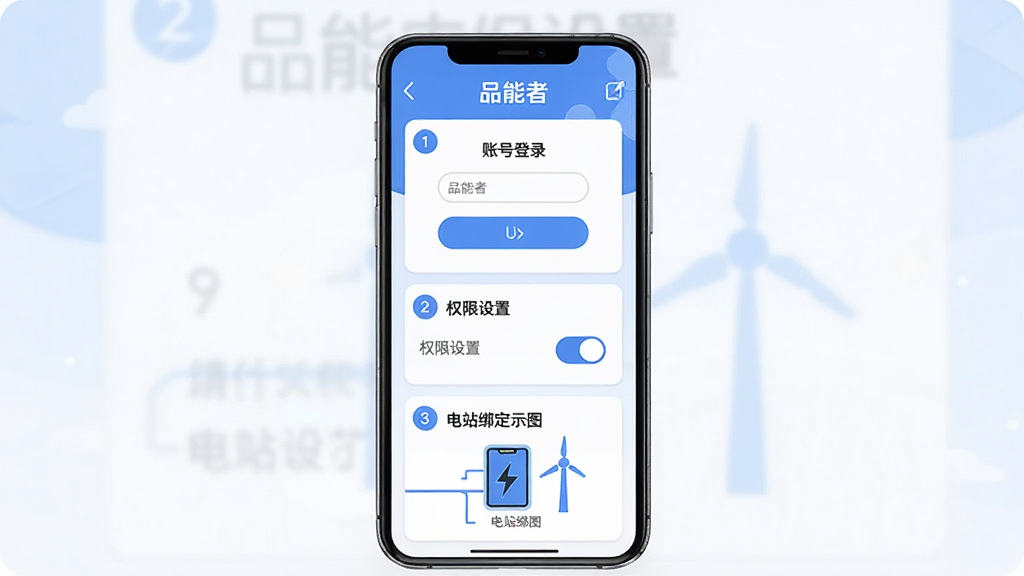 画面中央一部手机展示品能者应用的新手引导页面,页面包含账号登录框、权限设置开关、电站绑定示意图三个步骤卡片,布局为纵向排列,风格为清新扁平化插画,细节包括蓝色主色调、白色卡片、简洁图标、步骤数字标识,画质高清,干净整洁,无多余元素,页面顶部标注“品能者”