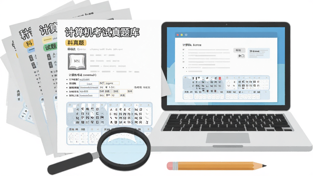 一张教育学习场景插画,主体为堆叠的计算机考试真题试卷与一台打开的笔记本电脑,布局采用中心对称构图试卷在左电脑在右,排版层次分明前景为放大镜与铅笔,风格为扁平化插画风,细节包含试卷上标注