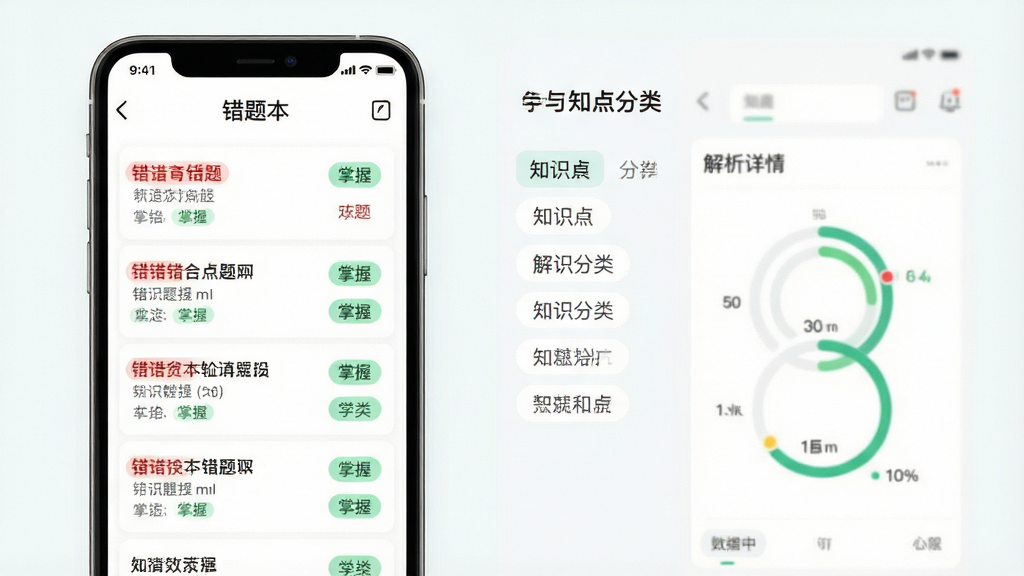 一张学习工具功能展示图,主体为手机屏幕中显示错题本界面与知识点分类标签,布局采用左右分栏左侧为错题列表右侧为解析详情,排版清晰有序,风格为清爽教育类UI设计,细节包含红色错题标记、绿色掌握标签、进度环形图,画质高清干净无多余元素