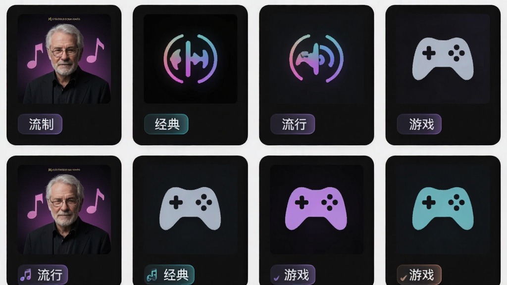 主体为老牧师盒子软件的资源聚合页面截图,布局采用网格排列展示多个音频分类卡片,排版为上下结构,风格为深色模式搭配霓虹高亮,细节包括音乐封面、音效图标、分类标签