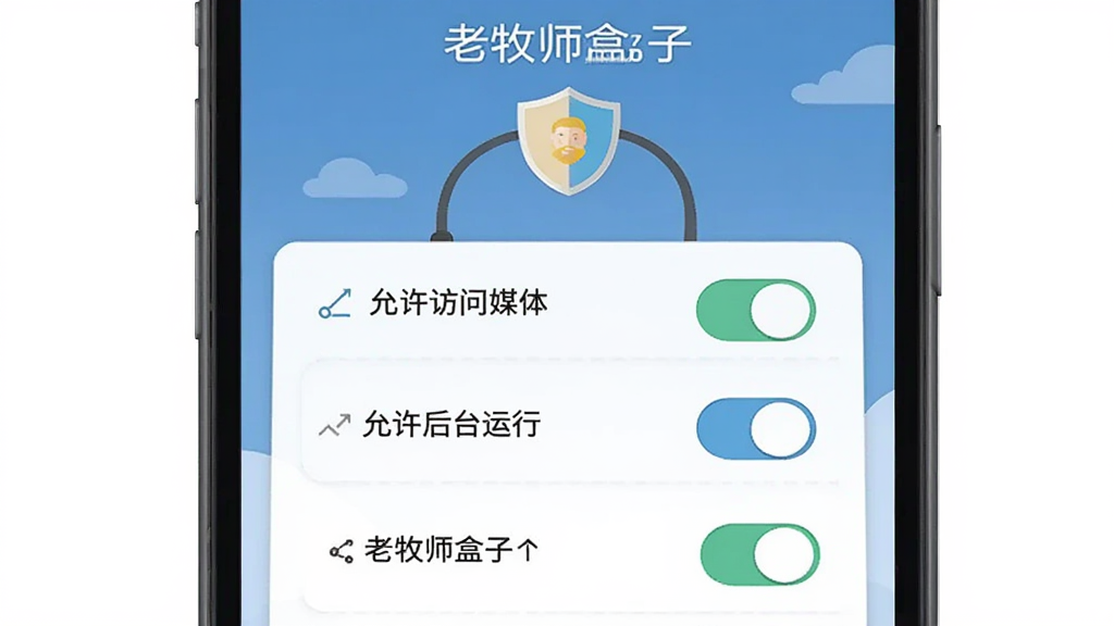 主体为老牧师盒子安装权限设置引导页面,布局为手机屏幕展示权限开关列表,排版为纵向排列,风格为扁平化插画风,细节包括