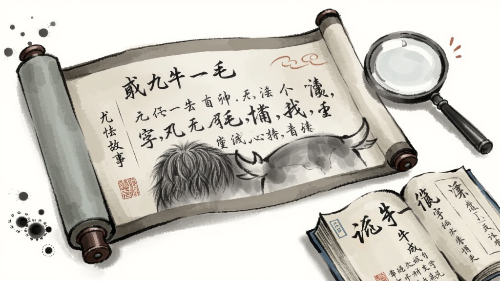 一幅古风书卷展开的画面,书卷上写着“九牛一毛”的成语故事,旁边有一个放大镜和一本翻开的词典,布局为书卷横向展开,词典在右下角,风格为水墨淡彩,细节有毛笔、墨滴、牛毛纹理,画质清晰,干净无杂乱