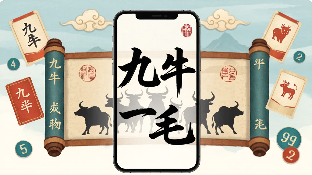 画面中央是一部智能手机,屏幕上显示着“九牛一毛”四个书法大字,背景是古风卷轴与九头牛的剪影,周围漂浮着成语卡片、生肖图标和数字符号,布局上手机居中摆放,上方有祥云装饰,风格为中国风扁平插画,细节包括卷轴纹理、牛角纹样、印章点缀,画质清晰干净,无多余元素