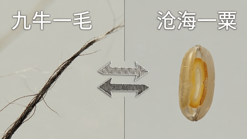 画面左右分栏,左侧是“九牛一毛”文字和一根牛毛的放大特写,右侧是“沧海一粟”文字和一颗谷粒的放大特写,中间用双向箭头连接,布局对称,风格为极简信息图,细节有文字标签、箭头纹理,画质高清,背景纯色干净