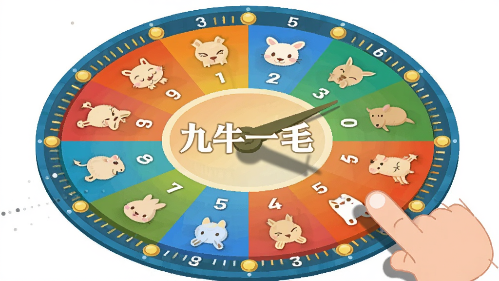 画面中一张圆形转盘,转盘上划分了十二生肖图案和数字0到9,转盘中心写着“九牛一毛”,旁边有手指正在点击转盘,布局为转盘占据画面中心,风格为卡通扁平化,细节有生肖小图标、数字刻度、指针阴影,画质明亮干净,无多余元素