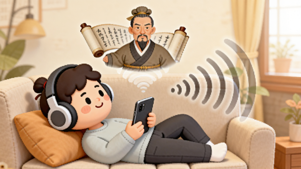 画面中一个卡通人物戴着耳机躺在沙发上,头顶漂浮着古代人物司马迁的形象和书卷,声音波纹从手机中传出,布局为人物在左、声波在右,风格为温馨居家插画,细节有耳机、手机、抱枕、声波纹理,画质柔和干净,无多余元素