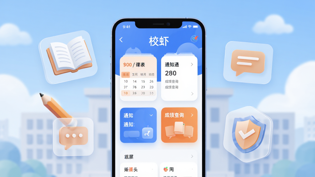 画面中央放置一部智能手机,屏幕显示“校虾”应用主界面,界面包含课表、通知、成绩查询等卡片式布局。手机两侧漂浮着书本、铅笔、对话框、盾牌等半透明图标。背景为柔和的校园建筑剪影与蓝天白云。风格为现代扁平化科技插画,色彩以蓝白为主,点缀橙色强调。细节清晰,画质干净,无多余元素。