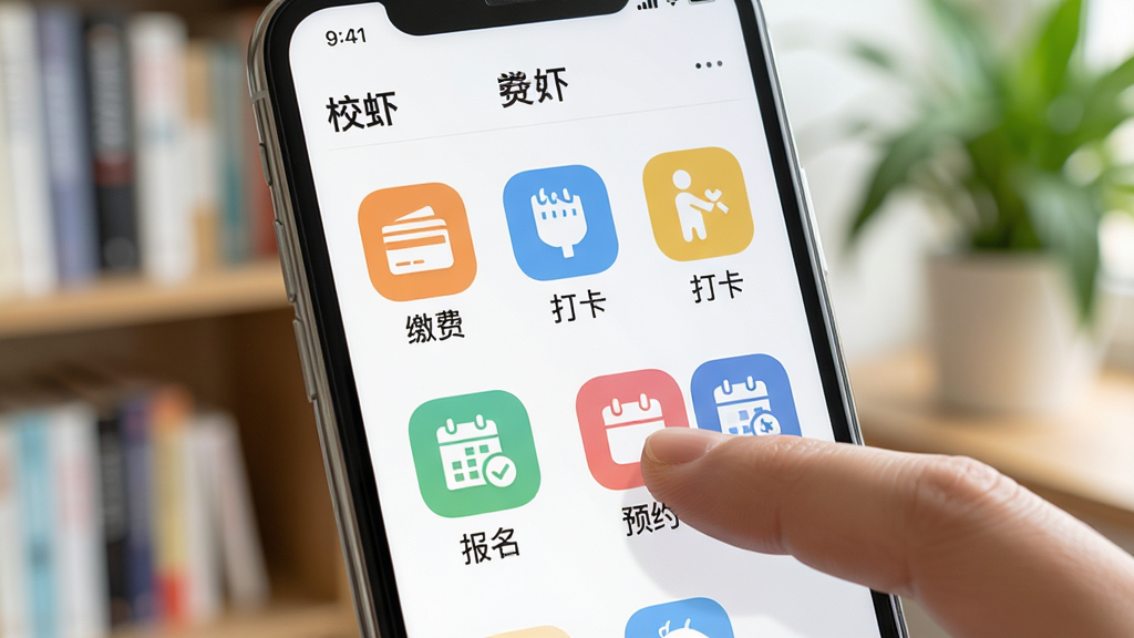 手机屏幕特写,显示“校虾”应用内的生活服务页面,页面以网格形式排列着“缴费”、“打卡”、“报名”、“预约”等彩色图标。一只手指正准备点击其中一个图标。背景为虚化的书架和绿植。风格为写实UI展示图,光线明亮。画质清晰,无多余元素。