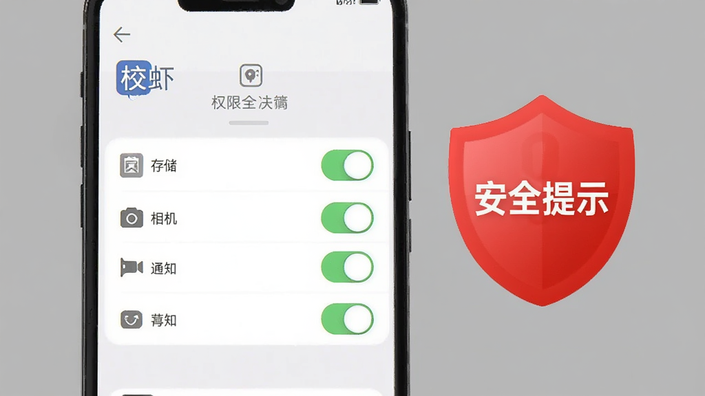 手机屏幕显示“校虾”应用的权限设置界面,界面中有存储、相机、通知等开关选项。旁边有一个醒目的红色盾牌图标,上面写着“安全提示”。背景为简洁的灰色。风格为手机UI安全提示图,画质清晰,无多余元素。