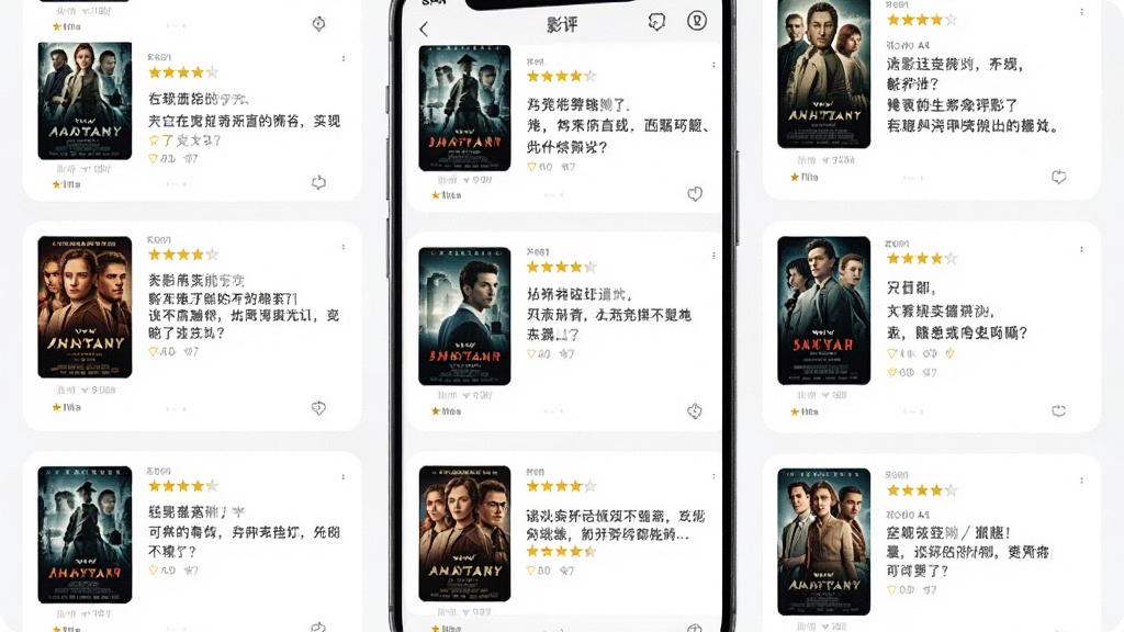 影评大全看看海量影评聚合功能展示,主体为多列影评卡片瀑布流,布局为手机屏幕内呈现不同电影海报与评论摘要,排版错落有致,风格为清新简约的浅色界面,细节包含评分星星和短评文字,画质清晰,画面干净无多余元素