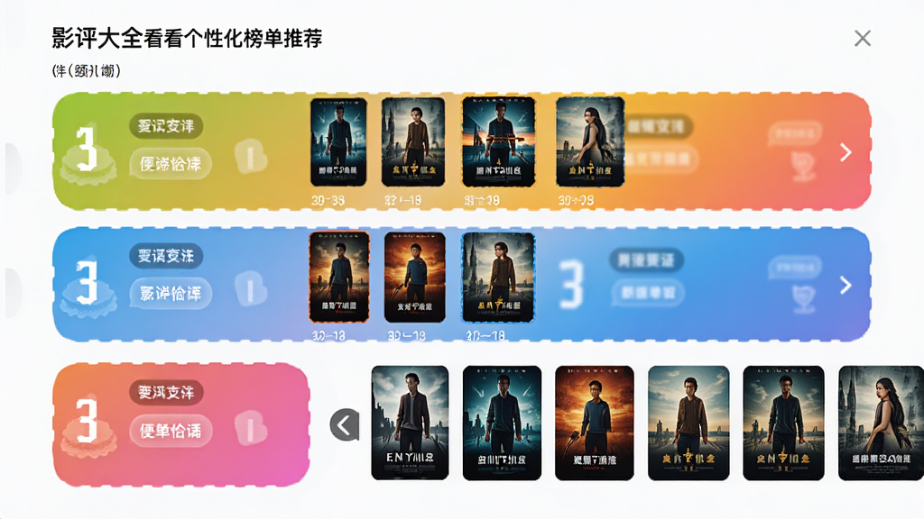 影评大全看看个性化榜单推荐页面,主体为排行榜列表与电影海报缩略图,布局为纵向榜单加横向海报滑动区,排版层次分明,风格为活力渐变色彩,细节包含排名数字和标签徽章,画质清晰,画面干净无多余元素