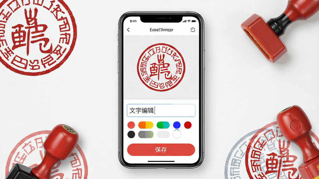 一张展示印章设计师软件界面的手机样机图,画面中央是手机屏幕,屏幕内显示印章设计师APP的主操作界面,界面中包含圆形印章预览图、文字编辑输入框、颜色选择器和保存按钮,手机周围散落着几个已完成设计的红色电子印章图案,整体布局简洁清晰,风格为现代扁平化UI设计,细节上印章纹理细腻、边缘清晰,画质高清干净,无多余元素