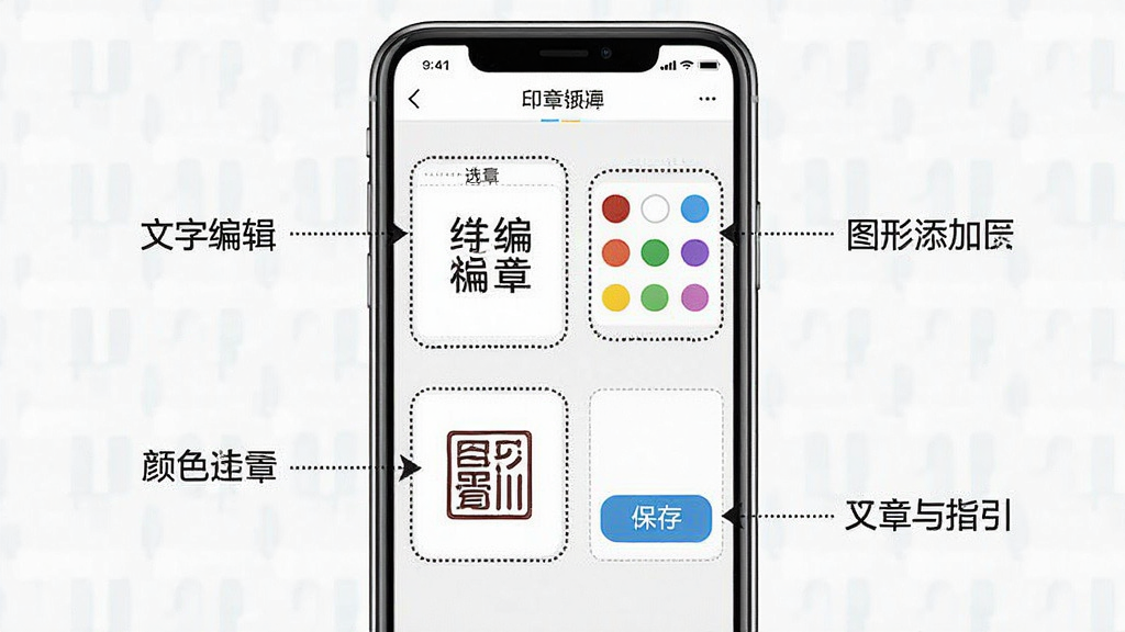 一张印章设计师新手操作指引的示意图,画面主体是手机屏幕显示印章设计师APP的编辑界面,界面中标注了文字编辑区、颜色选择区、图形添加区和保存按钮四个区域,每个区域用虚线框标注并有简短说明文字,布局为手机界面截图加标注说明,风格为教程指引风格,细节上标注线条清晰、文字易读,画质高清干净,无多余元素