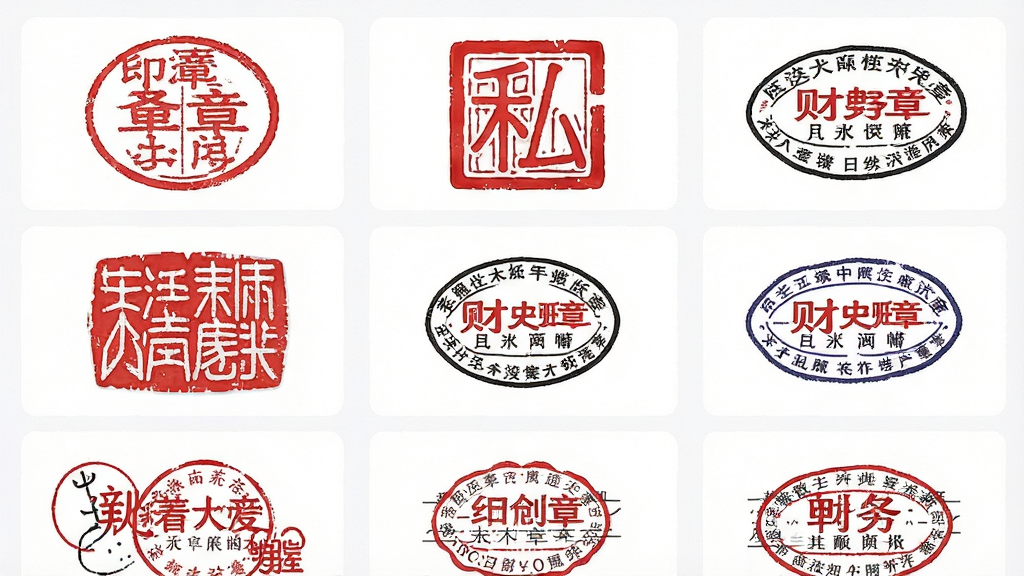 一张印章设计师模板库界面的手机截图风格图片,画面主体是排列整齐的印章模板缩略图网格,每个缩略图展示不同样式的印章图案,包括圆形红色公章、方形私章、椭圆财务章等,布局为三列网格排列,风格为清新简约的移动端UI设计,细节上模板边缘清晰、色彩饱满,画质高清干净,无多余元素