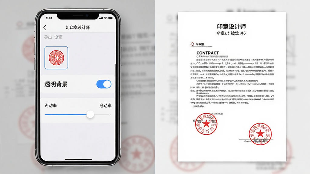 一张展示印章设计师导出功能的示意图,画面主体是一部手机,手机屏幕显示印章设计师APP的导出设置页面,页面上有PNG格式选项、透明背景开关和分辨率选择滑块,手机旁边展示了一张带有红色印章的合同文档图片,布局为左右对比展示,风格为写实产品演示风格,细节上印章边缘平滑、文档文字清晰可辨,画质高清干净,无多余元素