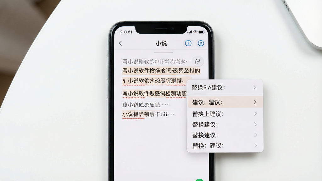 一张展示写小说软件敏感词检测功能的图片,画面中央是一部手机,屏幕上显示写小说编辑界面,部分文字下方有红色波浪线标注,旁边弹出替换建议小窗,布局为手机居中、背景为干净的白色桌面,风格为简洁工具风,细节包括界面中的高亮标注、建议列表、顶部字数统计条,画质清晰、干净、无多余元素