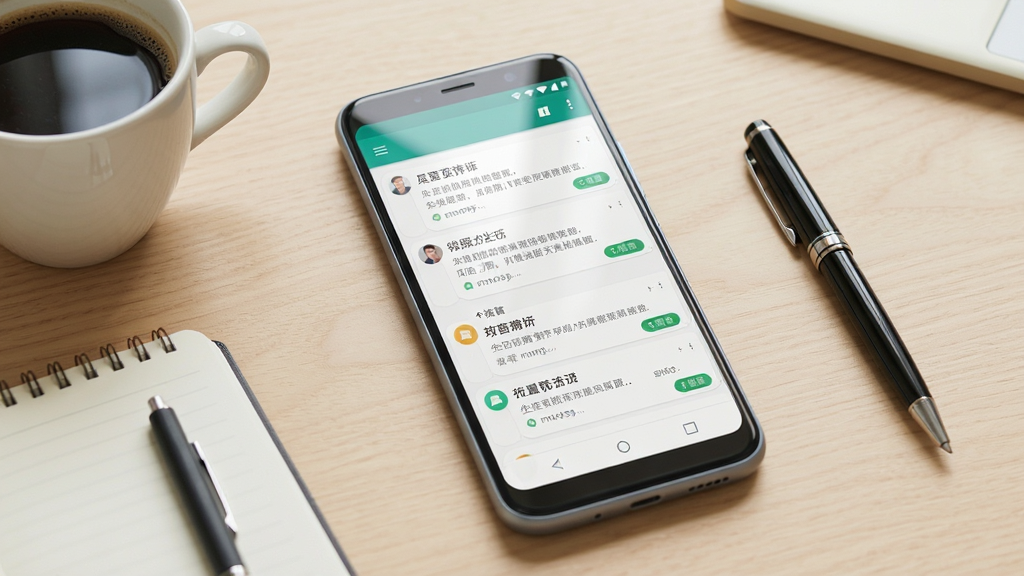 画面中央放置一部安卓手机,手机屏幕显示简讯应用主界面,界面中排列着多条短讯卡片,卡片上有标题与摘要文字,手机左侧放着一杯咖啡和一本笔记本,右侧有一支笔,背景为浅木色桌面,整体布局简洁均衡,风格为清新写实产品展示风,细节上手机边框圆润、屏幕有轻微反光,画质高清,干净,无多余元素。