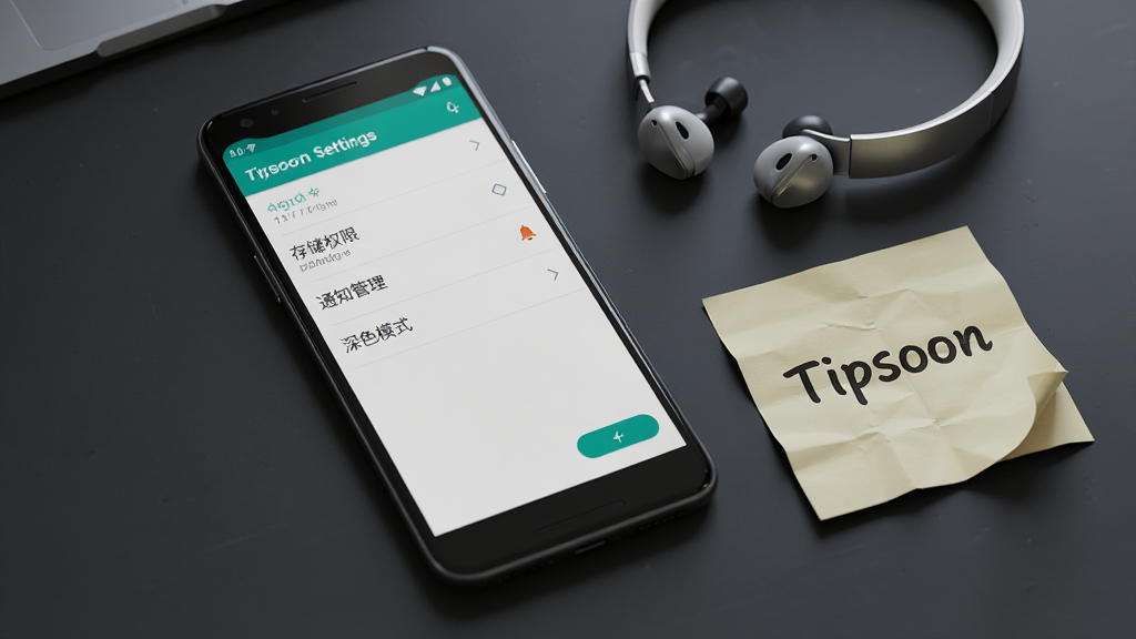 一部安卓手机屏幕显示简讯应用的设置页面,页面中有“存储权限”“通知管理”“深色模式”等选项,手机旁边放着一副耳机和一张写着“Tipsoon”的便签纸,背景为深灰色桌面,风格为写实产品特写,细节上屏幕文字清晰可辨、便签纸有轻微折痕,画质高清,干净,无多余元素。