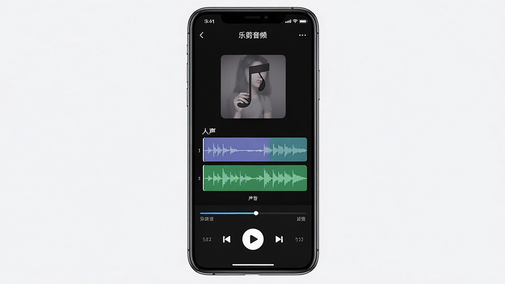 画面中一部手机正在运行“乐剪音频”人声分离功能,屏幕中央显示一首歌曲被拆分为人声和伴奏两条独立音轨,主体为手机与音轨界面,布局上下分层,排版对称,风格简约现代,细节有分离进度条和播放按钮,画质高清,干净,无多余元素