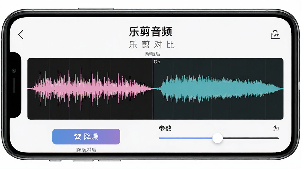 手机屏幕展示“乐剪音频”降噪功能界面,画面中一条原本杂乱的声音波形经过处理后变得平滑整齐,主体为波形对比图与降噪按钮,布局左右对比,排版清晰,风格干净极简,细节有降噪前后标注和参数滑块,画质高清,干净,无多余元素