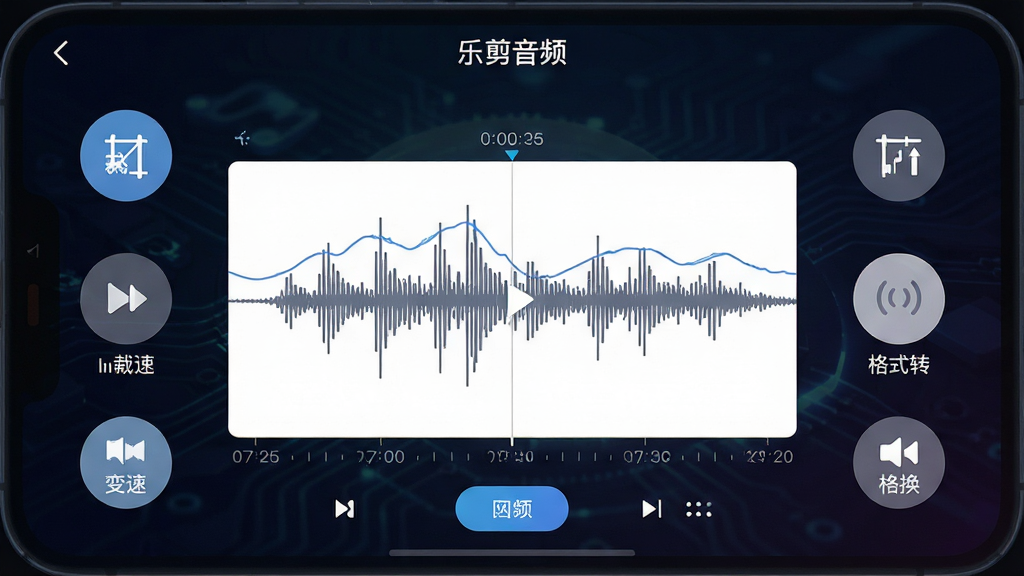 手机屏幕上显示“乐剪音频”应用界面,画面中央为音频波形编辑区域,周围环绕裁剪、变速、格式转换等圆形功能图标,背景为深色渐变科技风格,主体突出应用操作界面,布局居中清晰,排版简洁有序,风格现代扁平化,细节包含波形线条、按钮图标、时间刻度,画质高清,干净,无多余元素