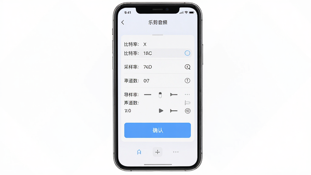 手机画面显示“乐剪音频”导出设置界面,主体为导出参数选择面板,布局纵向排列,排版规整,风格清爽浅色,细节包含比特率、采样率、声道数等选项和确认按钮,画质高清,干净,无多余元素