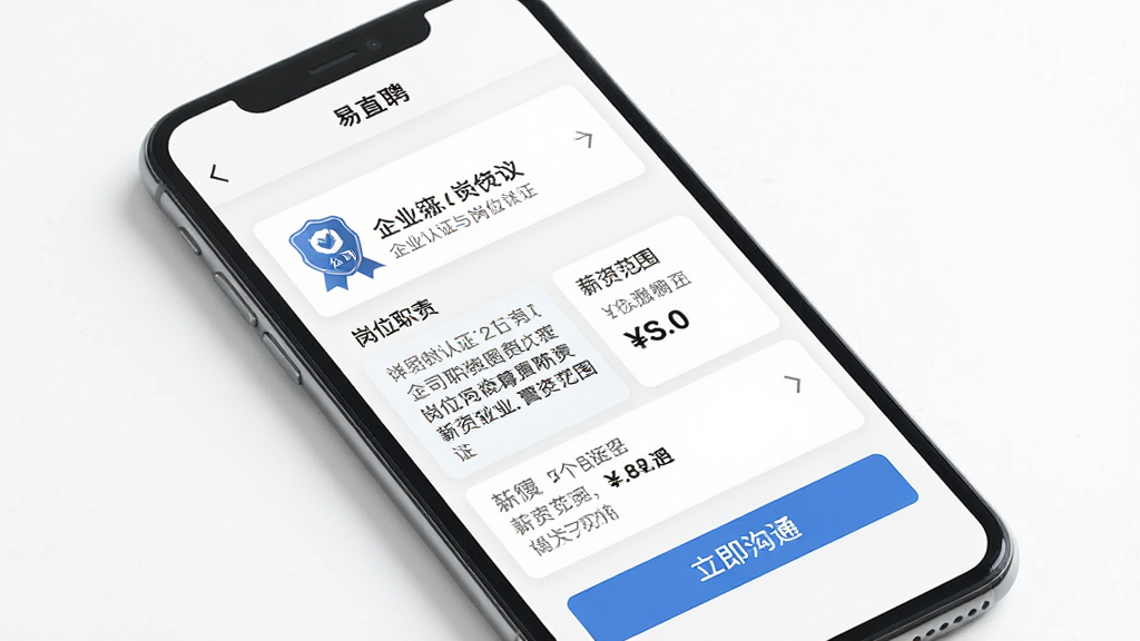 一张展示企业认证与岗位详情页的图片,画面中一部手机屏幕显示“易直聘”岗位详情页面,页面上方有企业认证徽章和公司名称,中部是岗位职责与薪资范围,底部有立即沟通按钮,背景为干净白色,风格商务简洁,细节清晰,画质干净,无多余元素