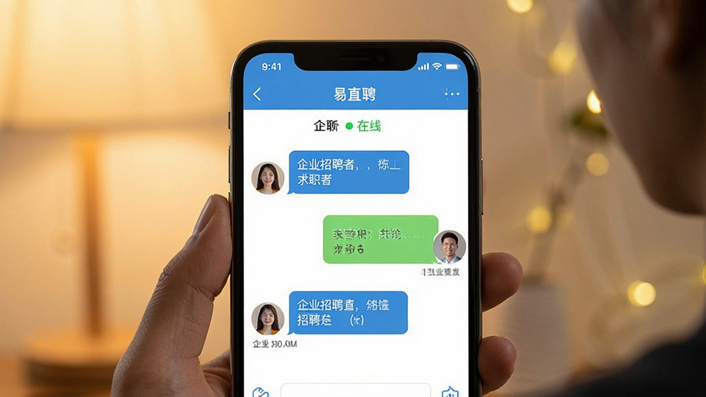 一张表现线上招聘直聊场景的图片,画面中一部手机屏幕显示“易直聘”聊天界面,左侧是求职者发出的消息气泡,右侧是企业招聘方的回复气泡,屏幕上方显示企业名称和在线状态,背景为柔和暖色调,风格写实,细节丰富,画质清晰,无多余元素