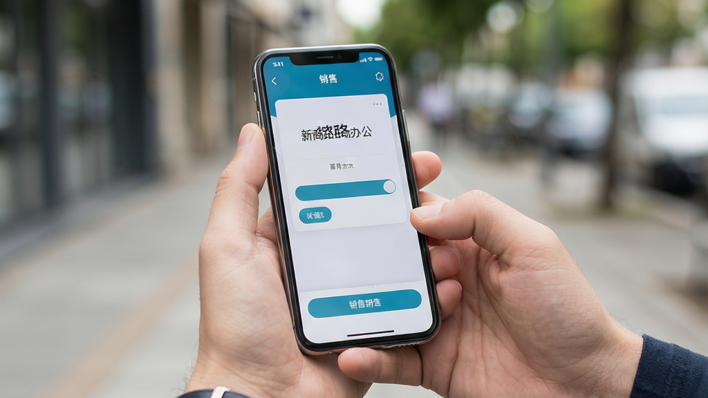 新商路移动办公场景,主体为手持手机展示销售应用界面,布局为人物手部与屏幕特写,排版突出屏幕内容,风格为真实生活化摄影风,细节包括手机边框、界面按钮与户外背景虚化,画质清晰,干净,无多余元素