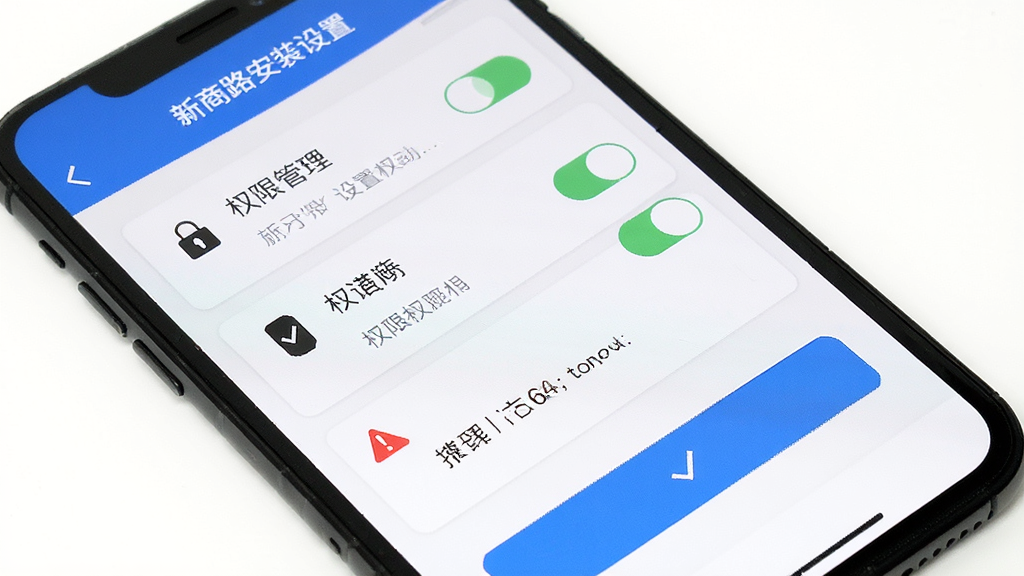 新商路安装设置界面,主体为手机屏幕显示权限管理页面,布局为开关列表与提示文字,排版清晰,风格为简洁实用风,细节包括权限图标、红色警告标识与蓝色确认按钮,画质清晰,干净,无多余元素