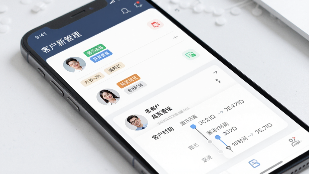 新商路客户管理界面,主体为手机屏幕显示客户列表与详情卡片,布局为上下结构,排版整齐,风格为简约商务风,细节包括客户头像、标签色块与跟进时间轴,画质清晰,干净,无多余元素