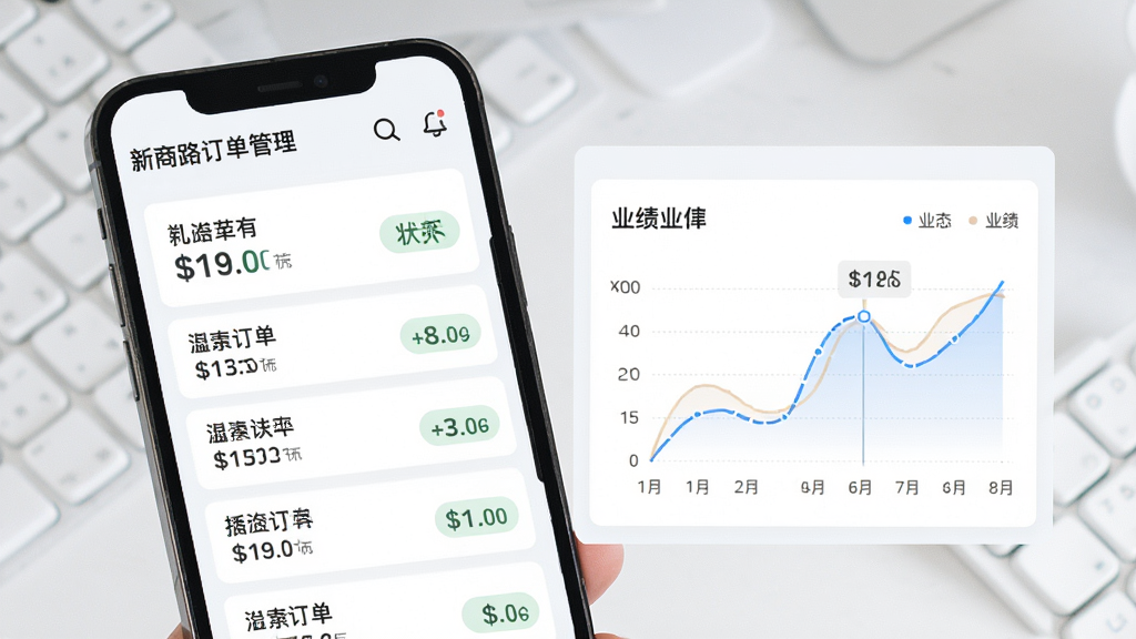 新商路订单管理页面,主体为手机屏幕展示订单列表与业绩图表,布局为卡片式排列,排版清晰,风格为清爽浅色商务风,细节包括金额数字、状态标签与折线图,画质清晰,干净,无多余元素