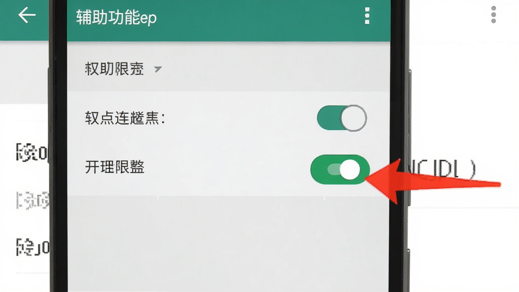 速点连点器权限设置示意图,画面展示安卓手机设置界面中的辅助功能权限开关,旁边有红色箭头指向开启按钮,背景为手机系统设置页面风格,细节清晰,画质干净,无多余元素